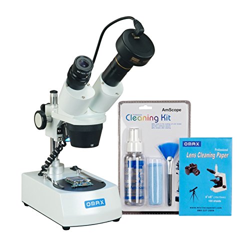 OMAX 10X-20X-30X-60X Cordless Stereo Binocular Microscope with LED Lights and 5MP Camera and Cleaning Pack
