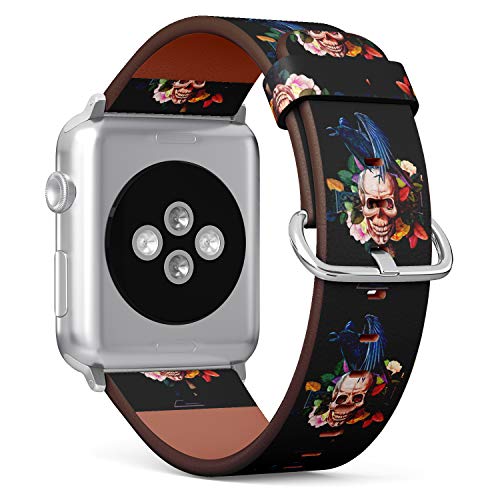 S-Type iWatch Leather Strap Printing Wristbands for Apple Watch 4/3/2/1 Sport Series (38mm) - Floral Skull and Crow Pattern