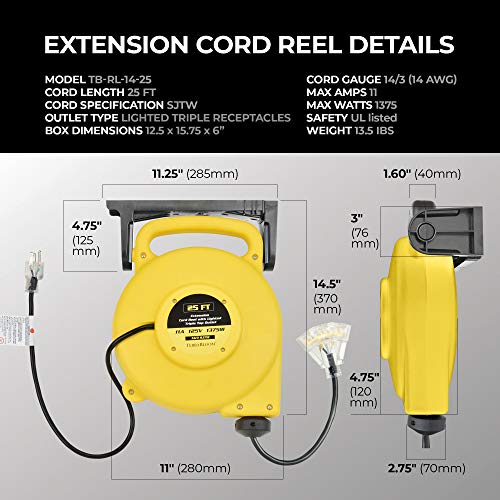 TerraBloom 25 Ft Retractable Extension Cord Reel - 2 In 1