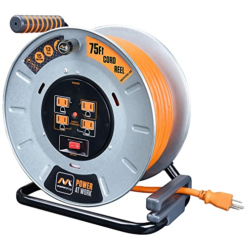 Masterplug Power At Work Metal Steel Drum with Four Powered Outlets, Open Cord Reel with Winding Handle, Overload Circuit Breaker and Power Switch, 75 Feet 12AWG, High Visibility Cord, Orange