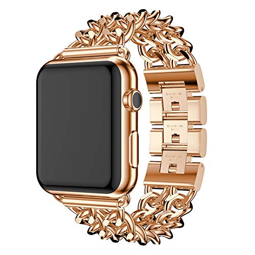 Compatible with Apple Watch Band 38mm 40mm 42mm 44mm, Fashion Denim Chain Alloy Stainless Steel Jewelry Buckle Watch Straps Compatible for Apple Watch Series 4 3 2 1 (Rose Gold, 38mm)