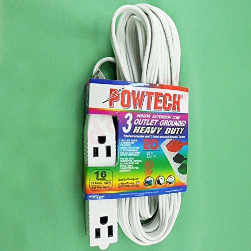 Powtech 20 Feet HEAVY DUTY 3Prong 3 Outlet Extension Cord White by Powtech