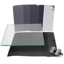 Load image into Gallery viewer, Plate Glass Sharpening System (COARSE) 9 7/8 wide x 11 13/16 long 5/16 Thick Glass Plate, Aluminum Honing Guide, 8 Sheets of Sticky Back (PSA) Sandpaper and One Non Slip Washable Rubber Mat
