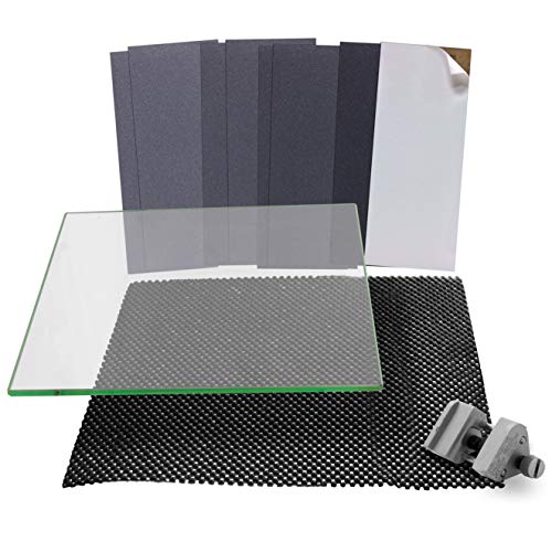 Plate Glass Sharpening System (COARSE) 9 7/8 wide x 11 13/16 long 5/16 Thick Glass Plate, Aluminum Honing Guide, 8 Sheets of Sticky Back (PSA) Sandpaper and One Non Slip Washable Rubber Mat