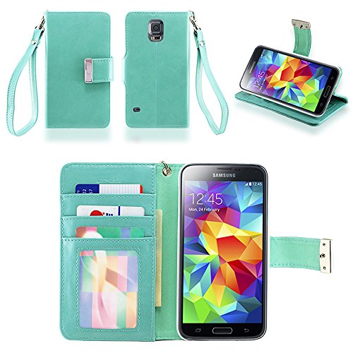 IZENGATE Wallet Case Designed for Samsung Galaxy S5 - PU Leather Flip Cover Folio with Stand (Mint)
