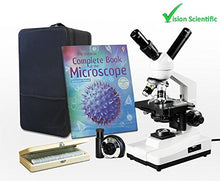 Load image into Gallery viewer, Vision Scientific VME0007T-100-LD-DG1.3-P6 Dual View Compound Microscope, 40x-2000x Magnification, LED, Microscope Book, 50 Prepared Slides Set, Carrying Case, 1.3MP Digital Eyepiece Camera
