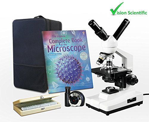 Vision Scientific VME0007T-100-LD-DG1.3-P6 Dual View Compound Microscope, 40x-2000x Magnification, LED, Microscope Book, 50 Prepared Slides Set, Carrying Case, 1.3MP Digital Eyepiece Camera
