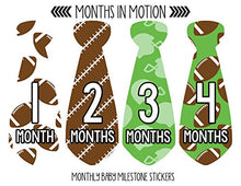 Load image into Gallery viewer, Months In Motion Monthly Baby Tie Stickers - Boy Month Milestone Necktie Sticker - Onesie Month Sticker - Infant Photo Prop for First Year - Shower Gift - Newborn Keepsakes- Football
