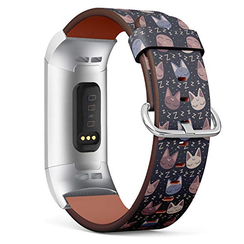 Replacement Leather Strap Printing Wristbands Compatible with Fitbit Charge 3 / Charge 3 SE - Neutral Color Seamless Pattern Illustration with Fitbit Cute Kittens Asleep