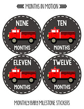 Load image into Gallery viewer, Months in Motion Baby Monthly Stickers - Baby Milestone Stickers - Newborn Boy Stickers - Month Stickers for Baby Boy - Baby Boy Stickers - Newborn Monthly Milestone Stickers - Fire Engine Truck
