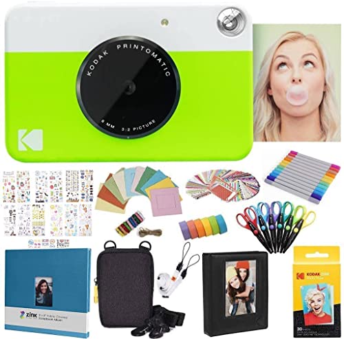 KODAK Printomatic Instant Camera (Green) All-in-Bundle + Zink Paper (20 Sheets) + Deluxe Case + Photo Album + 7 Sticker Sets + Markers + Scissors and More
