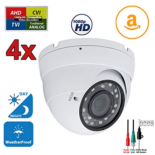 Evertech 1080p High Resolution CCTV Security Cameras - 4 Pcs. Manual Zoom Lens 98ft IR Distance Indoor Outdoor Weatherproof casing AHD TVI CVI and Analog Security Camera
