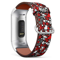 Replacement Leather Strap Printing Wristbands Compatible with Fitbit Charge 3 / Charge 3 SE - Floral Skull and Heart Pattern
