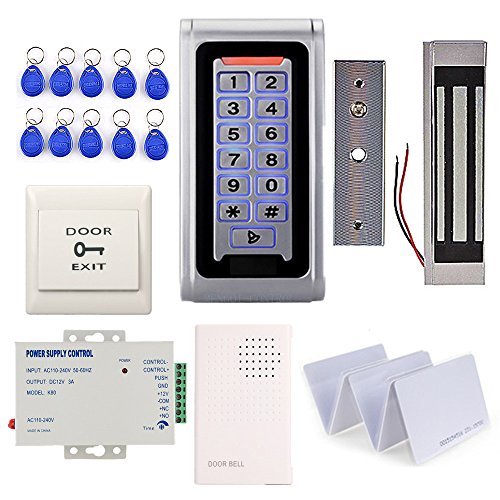 Waterproof Metal RFID Keypad Door Entry Systems & 350lbs Electric Magnetic Lock+110V Power Supply+Push to Exit Button+RFID Keychains/Cards