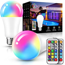Load image into Gallery viewer, JandCase A19 E26 Color Changing LED Bulb, 10W RGB+Warm+Daylight White, 60W Equivalent, 900lm, 17 Colors Remote Control Bulbs, Dimmable Mood Lighting for Home, Party, Upcoming Christmas, 2 Pack
