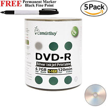 Load image into Gallery viewer, Smartbuy 500-disc 4.7GB/120min 16x DVD-R Silver Inkjet Hub Printable Blank Media Disc + Black Permanent Marker
