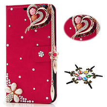 Load image into Gallery viewer, STENES Galaxy S6 Edge Plus Case - 3D Handmade Crystal Heart Pendant Flowers Sparkle Wallet Credit Card Slots Fold Media Stand Leather Cover For Samsung Galaxy S6 Edge Plus - Red
