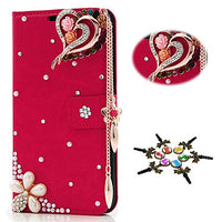 STENES Galaxy S6 Edge Plus Case - 3D Handmade Crystal Heart Pendant Flowers Sparkle Wallet Credit Card Slots Fold Media Stand Leather Cover For Samsung Galaxy S6 Edge Plus - Red