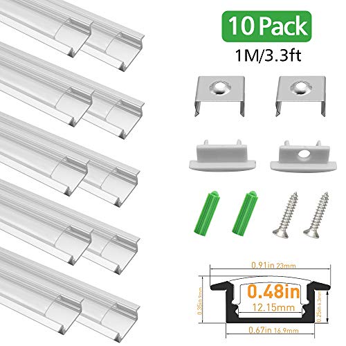 LED Aluminum Profile with Clear Cover, LightingWill 10 Pack 3.3Ft/1M U Shape Flush Mount (Section Size:0.36