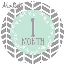 Load image into Gallery viewer, 12 Monthly Baby Stickers, Gray, Mint, Boy, Baby Belly Stickers, Monthly Onesie Stickers, First Year Stickers Months 1-12, Gray, Mint, Arrows, Herringbone, Tribal, Baby Boy
