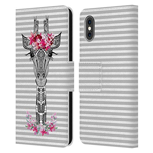 Head Case Designs Officially Licensed Monika Strigel Grey Flower Giraffe and Stripes Leather Book Wallet Case Cover Compatible with Apple iPhone X/iPhone Xs