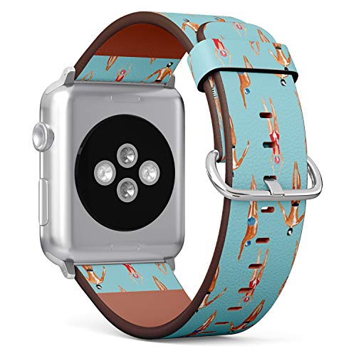 Q-Beans Watchband, Compatible with Big Apple Watch 42mm / 44mm, Replacement Leather Band Bracelet Strap Wristband Accessory // Watercolor Swimmer Men Women Engaged Pattern