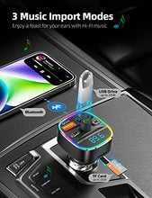 Load image into Gallery viewer, Nulaxy Bluetooth FM Transmitter for Car,Bluetooth Car Adapter with Dual USB Charging Car Charger MP3 Player Support TF Card &amp; USB Disk,Hands Free Calling,7 Colors Led Backlit Light
