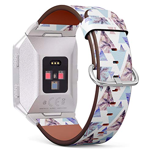 (Abstract Summer Geometric Pattern with Triangle with Palm Tree, Leaf and Marble Grunge Textures) Patterned Leather Wristband Strap for Fitbit Ionic,The Replacement of Fitbit Ionic smartwatch Bands