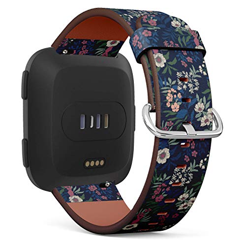 Replacement Leather Strap Printing Wristbands Compatible with Fitbit Versa - Vintage Floral Pattern on Navy Blue Background