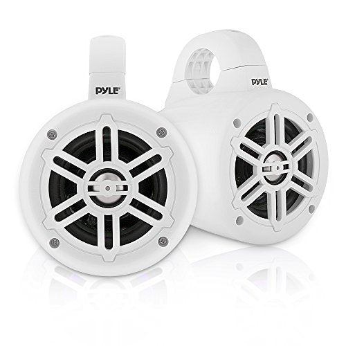 Waterproof Marine Wakeboard Tower Speakers - 4 Inch Dual Subwoofer Speaker Set with 300 Max Power Output - Boat Audio System Kit w/ Titanium Dome Tweeters & Mounting Clamps - Pyle PLMRWB45W (White)