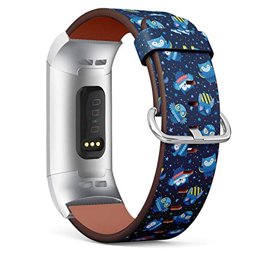 Replacement Leather Strap Printing Wristbands Compatible with Fitbit Charge 3 / Charge 3 SE - Blue Cartoon Owls in The Galaxy