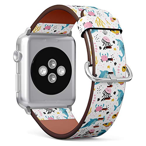 S-Type iWatch Leather Strap Printing Wristbands for Apple Watch 4/3/2/1 Sport Series (38mm) - Adorable Baby Dolphins and Jellyfish Pattern