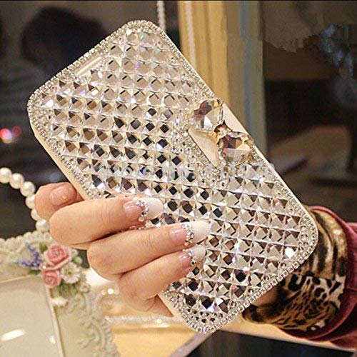 YUJINQ Samsung Galaxy A7 (2018) Wallet Case,Bling Diamond Bowknot Shiny Crystal Rhinestone PU Leather Card Slot Pouch Flip Cover Kickstand Case for Girl Woman Lady (Clear)