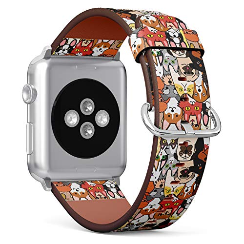 Compatible with Big Apple Watch 42mm, 44mm, 45mm (All Series) Leather Watch Wrist Band Strap Bracelet with Adapters (Doodle Dogs Cats Faces)