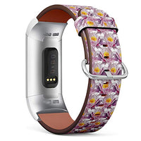Replacement Leather Strap Printing Wristbands Compatible with Fitbit Charge 3 / Charge 3 SE - Watercolor Water Lily Lotus Pattern