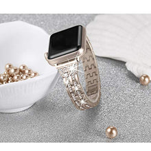 Load image into Gallery viewer, Secbolt Bling Bands Compatible with Apple Watch Bands 42mm 44mm 45mm Women iWatch SE Series 7 6 5 4 3 2 1, Dressy Jewelry Metal Wristband Strap Diamond Rhinestone, Champagne Gold
