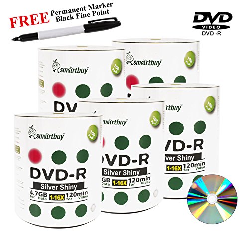 Smartbuy 500-disc 4.7GB/120min 16x DVD-R Shiny Silver Blank Media Record Disc + Black Permanent Marker