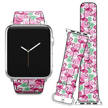 Load image into Gallery viewer, Compatible with Apple Watch (38/40 mm) Series 5, 4, 3, 2, 1 // Leather Replacement Bracelet Strap Wristband + Adapters // Flamingo Tropical Design
