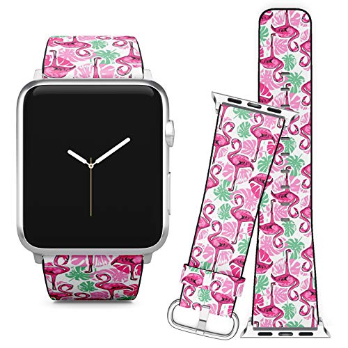 Compatible with Apple Watch (38/40 mm) Series 5, 4, 3, 2, 1 // Leather Replacement Bracelet Strap Wristband + Adapters // Flamingo Tropical Design