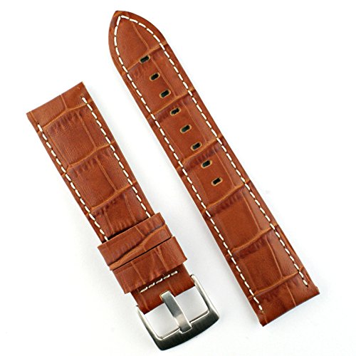 B & R Bands 24mm Honey Gator White Stitch Leather Watch Band Strap - Medium Length