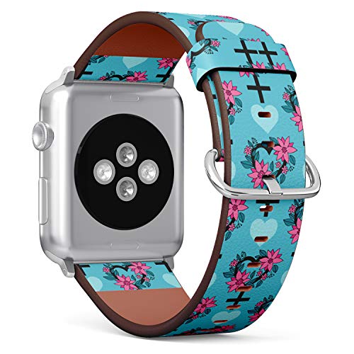 S-Type iWatch Leather Strap Printing Wristbands for Apple Watch 4/3/2/1 Sport Series (38mm) - Pattern with Feminism Symbol with Floral ornamen on Cyan Background