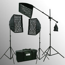 Load image into Gallery viewer, ePhoto 3 x Premium Honeycomb Softbox Photography Studio Video Lighting Kit Boom Stand Hair Light with 3 Chromakey Black, White, Green Muslin Supporting Background Stand System Case HGD2-69BWG
