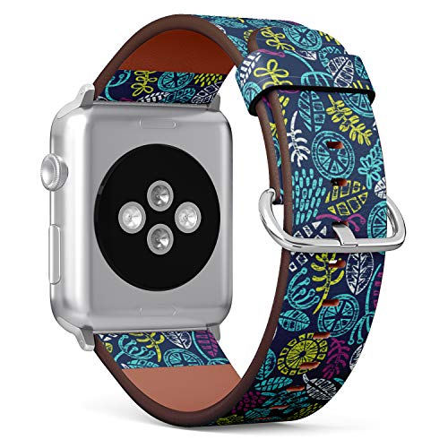 S-Type iWatch Leather Strap Printing Wristbands for Apple Watch 4/3/2/1 Sport Series (38mm) - Ethnic Botanical Block Pattern with Grunge Stamped Flowers, Branches, Leaves