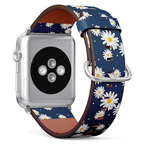 Compatible with Big Apple Watch 42mm, 44mm, 45mm (All Series) Leather Watch Wrist Band Strap Bracelet with Adapters (White Daisies Circle)