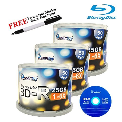Smartbuy 150-disc 25GB 6X BD-R Blu-Ray Logo Top Blank Media Record Disc + Black Permanent Marker