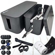 Load image into Gallery viewer, Cable Management Box Organizer Set, Pack of 2 with Configuration Kit, Updated Anti-Skid Design, Large and Medium Black Boxes with Cable Ties, Clips and Sleeve. Covers and Hides Cords/Wires/Power Strip
