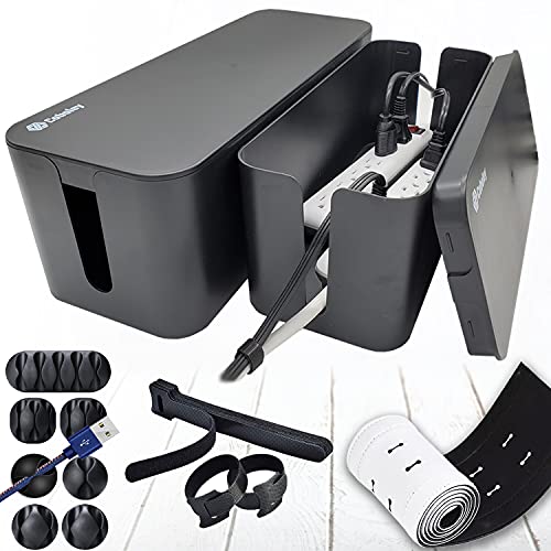 Cable Management Box Organizer Set, Pack of 2 with Configuration Kit, Updated Anti-Skid Design, Large and Medium Black Boxes with Cable Ties, Clips and Sleeve. Covers and Hides Cords/Wires/Power Strip