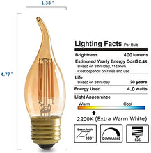 Load image into Gallery viewer, PANLAVIE LED Filament Candelabra Bulb 4W, Vintage Classic Edison Style, E26 Medium Base Amber Glass Light Bulbs, Gold Tint Flame Tip, 40W Equivalent, Ultra Warm White 2200K, Pack of 6
