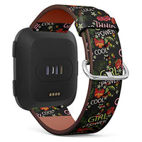 Replacement Leather Strap Printing Wristbands Compatible with Fitbit Versa - Embroidery Poppies Flowers Design Floral Pattern Girl Power Slogan