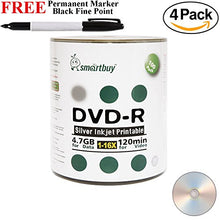 Load image into Gallery viewer, Smartbuy 400-disc 4.7GB/120min 16x DVD-R Silver Inkjet Hub Printable Blank Media Disc + Black Permanent Marker
